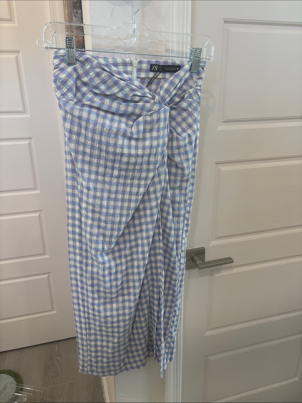 Zara Light Blue, purple and White Gingham Wrap Midi Skirt